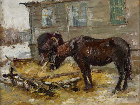 Неизвестный художник. Лошади возле дома